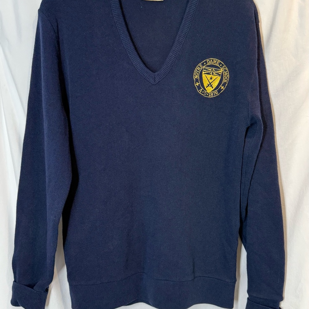 Vintage Notre Dame High School Navy Blue V-Neck Uniform Sweater unisex size Smal